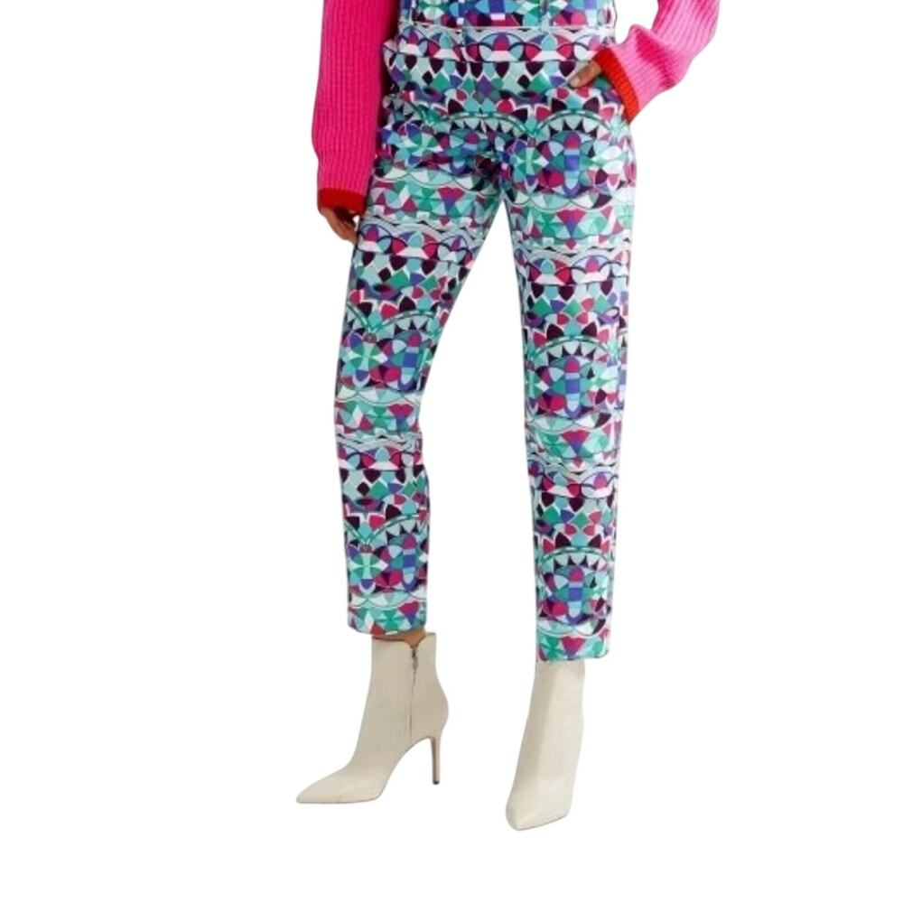 Emilio Pucci Faille Straight Leg Pants Geometric Print Women’s Size 4 Pink Blue